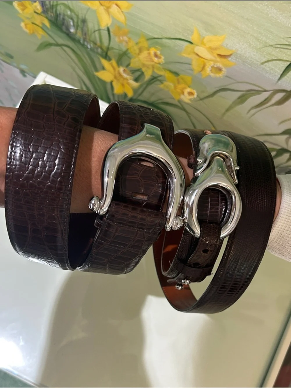 Set of 2 Brian Toohey Vintage Brown Leather Belts Polished Silver Buckles 🐊 🦎🪎